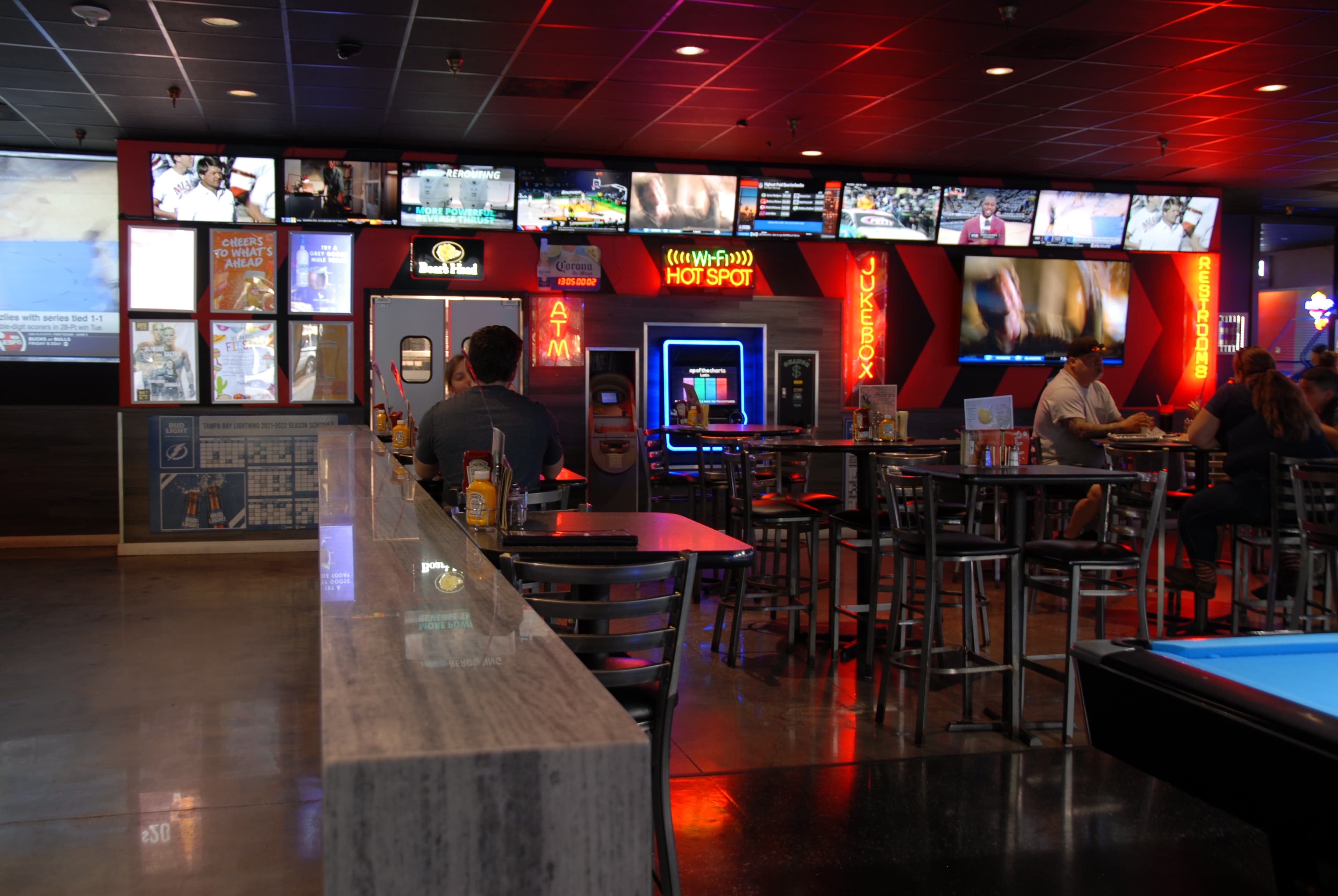 Pool tables and bar lighting at Peabody's