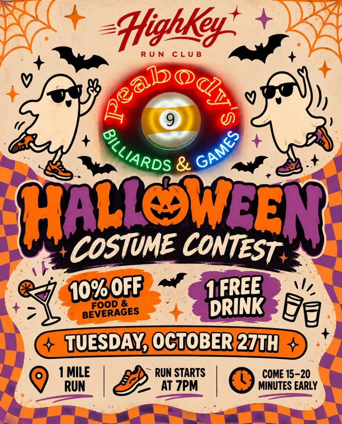 HighKey Run Club Halloween Costume Contest at Peabody's Billiards & Games — 10% off food and beverages, 1 free drink. Tuesday, October 27th. 1 mile run, run starts at 7 PM, come 15–20 minutes early.