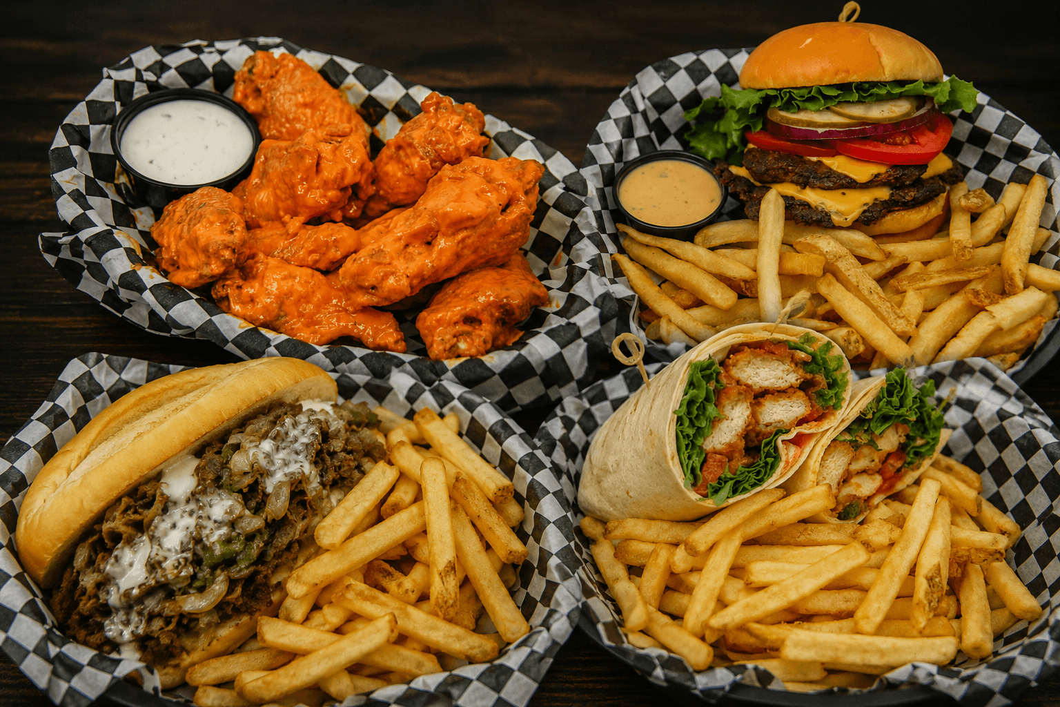 Wings, sandwiches, and wraps from Peabody's kitchen