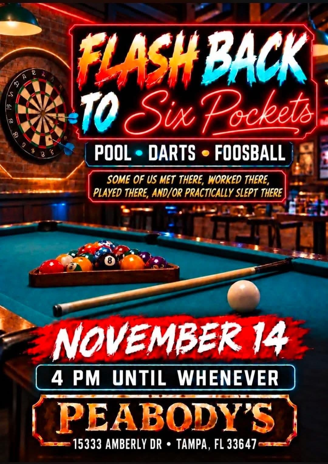 Flashback to Six Pockets poster — pool, darts and foosball. Some of us met there, worked there, played there, and/or practically slept there. November 14, 4 PM until whenever, at Peabody's, 15333 Amberly Dr, Tampa, FL 33647.