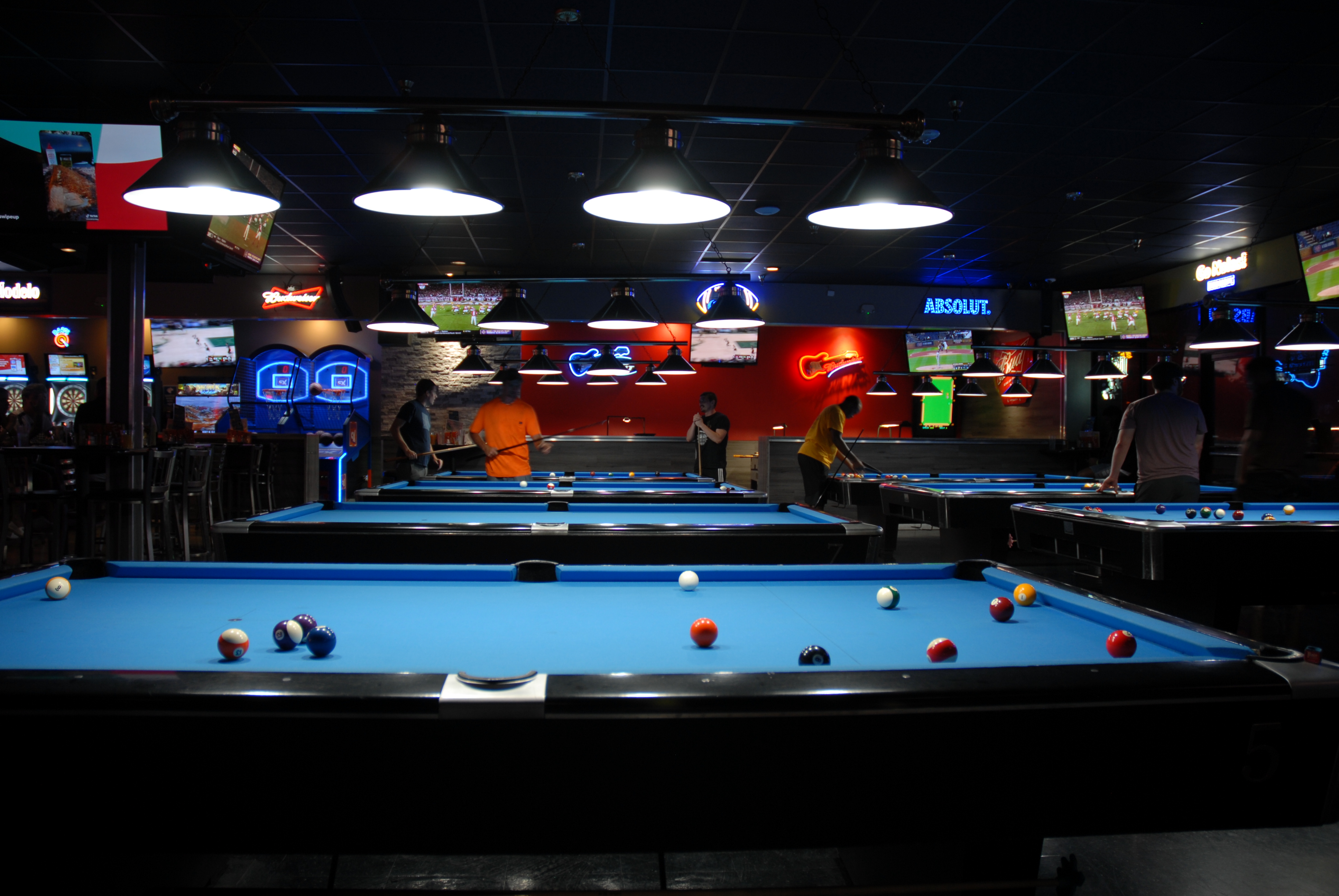 The modern billiards area at Peabody's in 2022